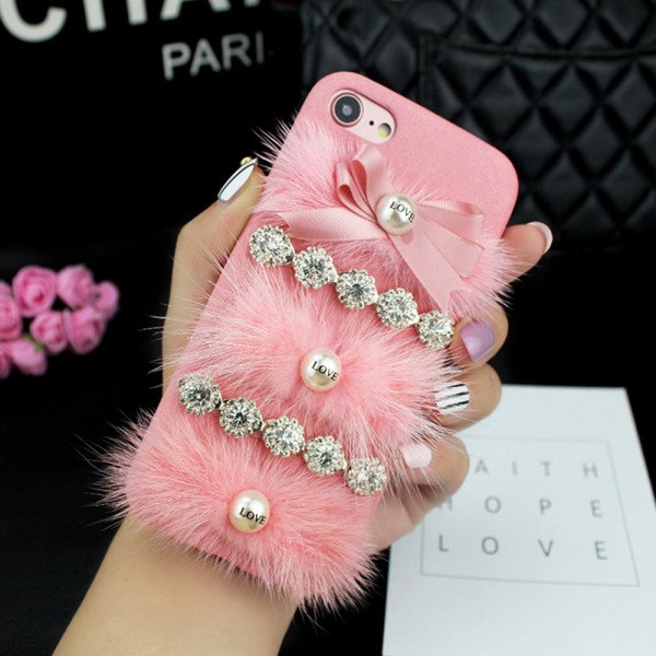 Wholesale iPhone 7 Plus Love Jewel Fur Fuzzy Plush Case (Hot Pink)